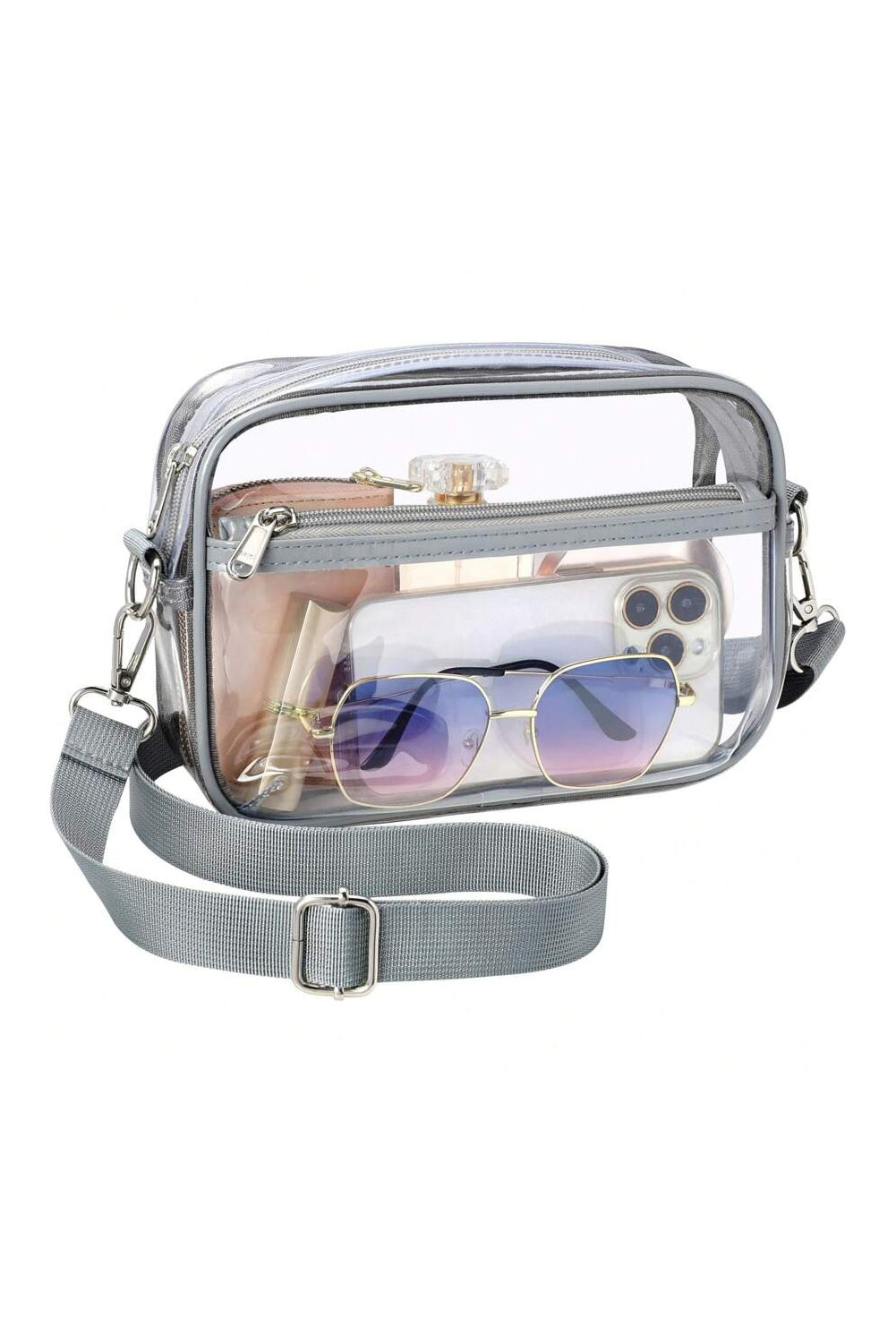 Gray multi-pocket clear shoulder bag with contrast edges and detachable strap