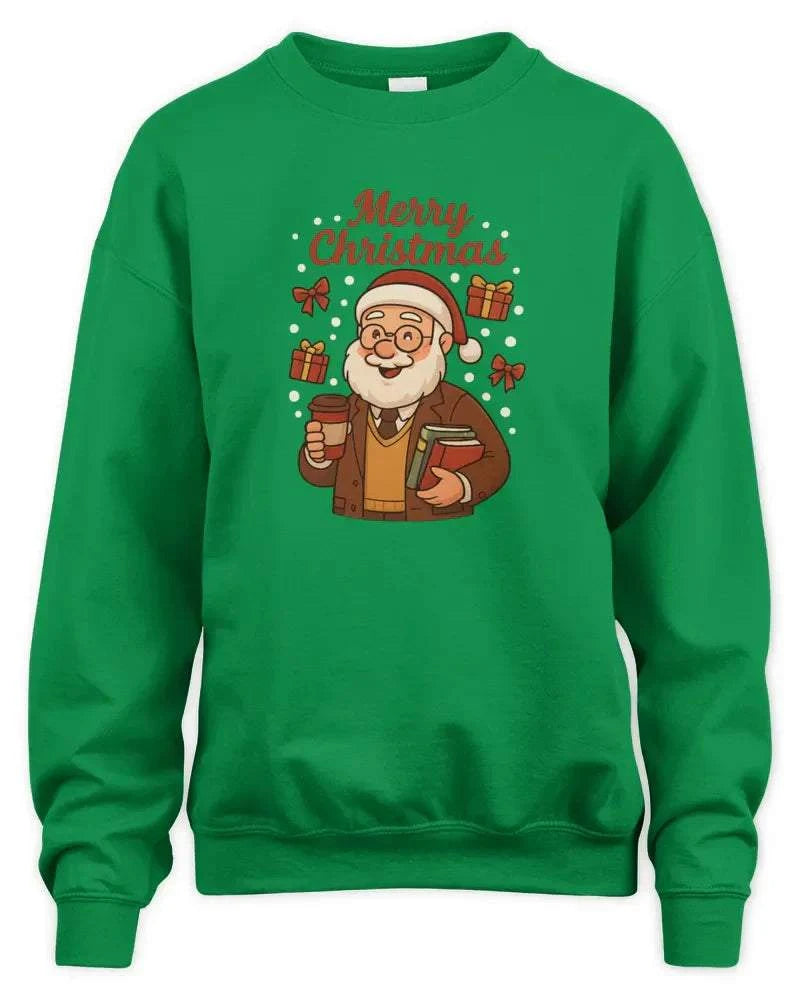 Green unisex sweatshirt with Merry Christmas graphic and Santa Claus design