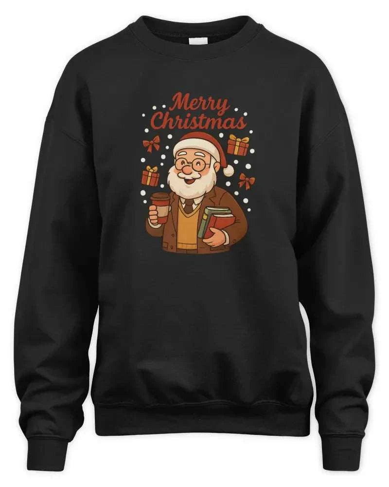 Black unisex sweatshirt with Merry Christmas Santa Claus graphic and preshrunk fleece knit