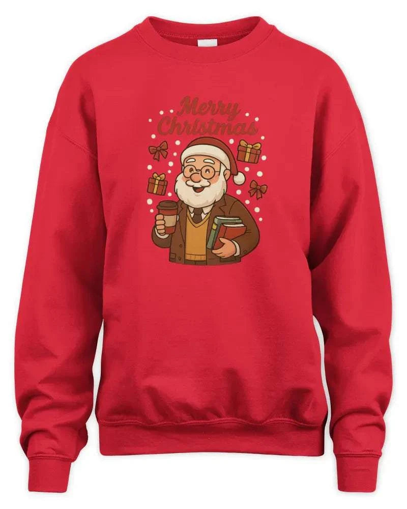 Red unisex sweatshirt with Merry Christmas Santa graphic and soft preshrunk fleece knit fabric