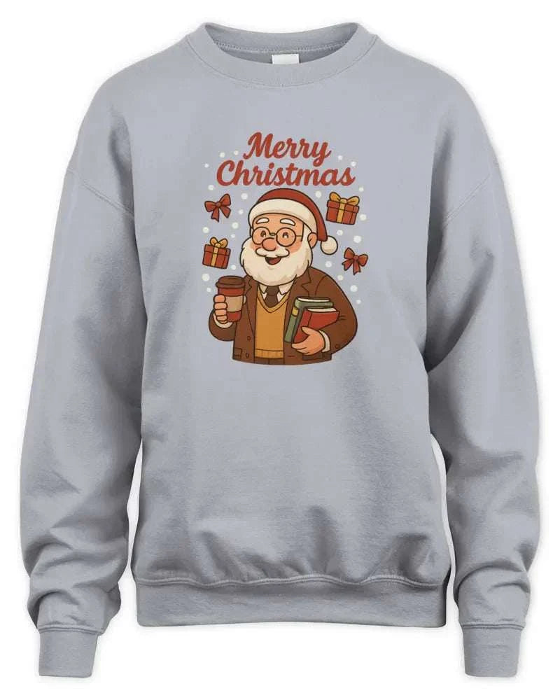 Unisex sweatshirt with Merry Christmas Santa print, soft preshrunk fleece, and double-needle stitching