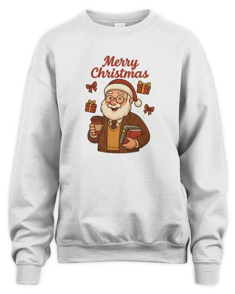 White unisex sweatshirt with Merry Christmas Santa graphic, preshrunk fleece, and durable stitching