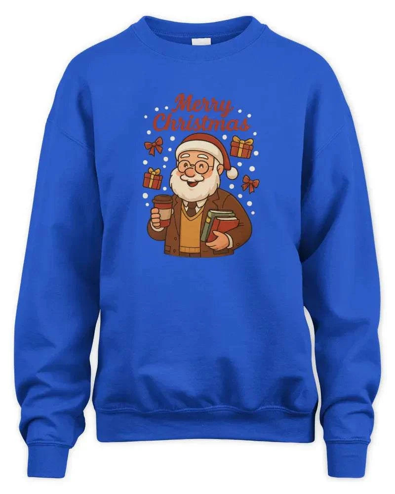 Blue unisex sweatshirt with Merry Christmas graphic and Santa holding gifts and coffee cup