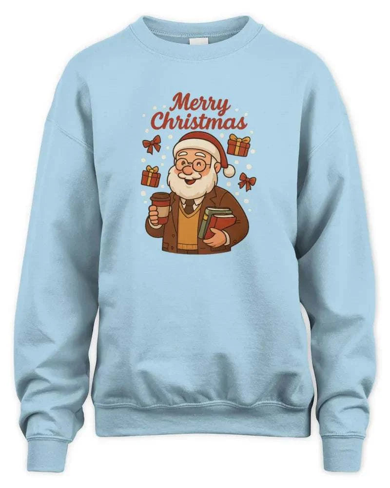 Light blue unisex sweatshirt with Merry Christmas Santa graphic and gifts design
