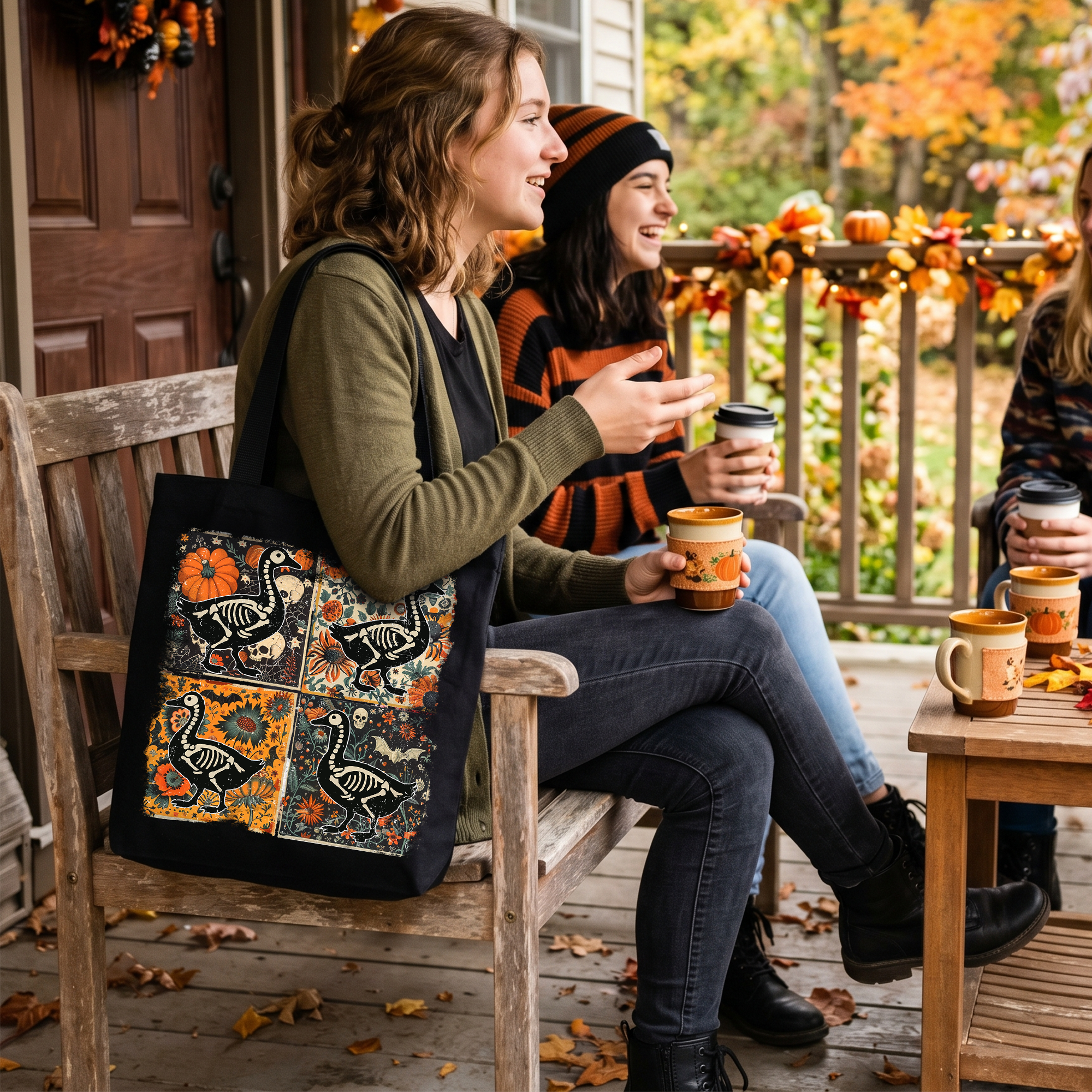 Skeleton Goose Patchwork Tote Bag, Floral Halloween Gift Shopper for The Spooky Season