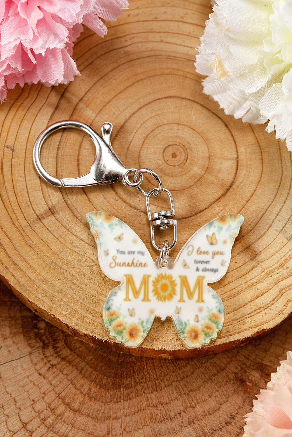 Yellow MOM butterfly shape acrylic keychain with stylish design and durable material