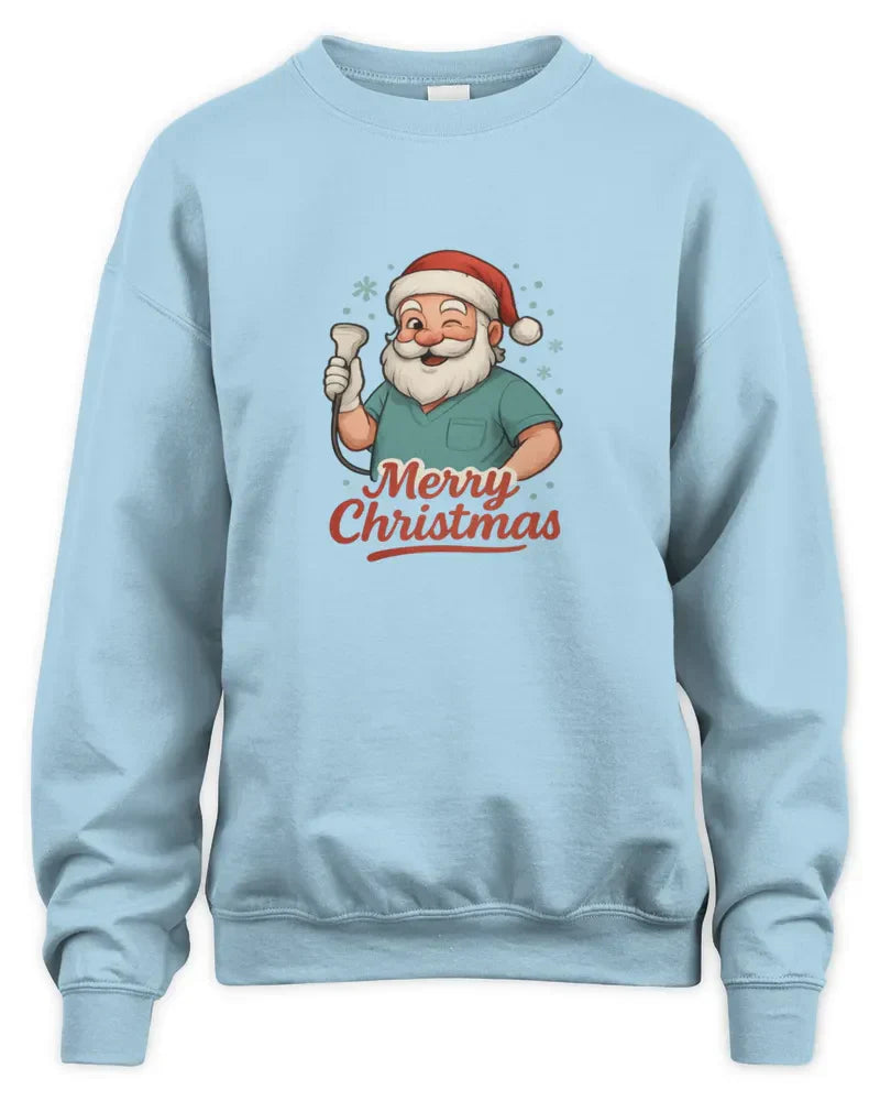 Light blue unisex sweatshirt with Santa Claus and Merry Christmas design, soft preshrunk fleece knit with double-needle stitching and 1x1 rib spandex cuffs.