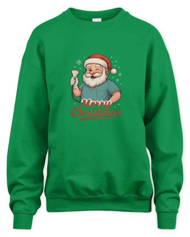 Green unisex sweatshirt with Merry Christmas Santa Claus graphic and soft preshrunk fleece knit