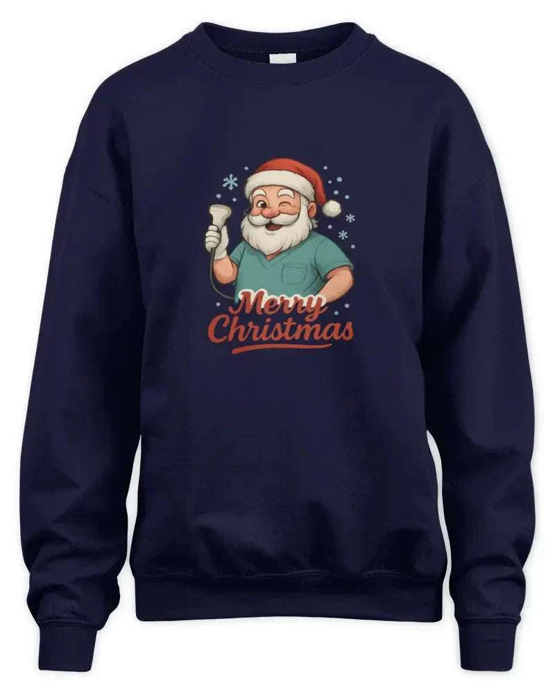 Unisex sweatshirt with Merry Christmas Santa graphic, navy blue, soft preshrunk fleece knit and durable double-needle stitching