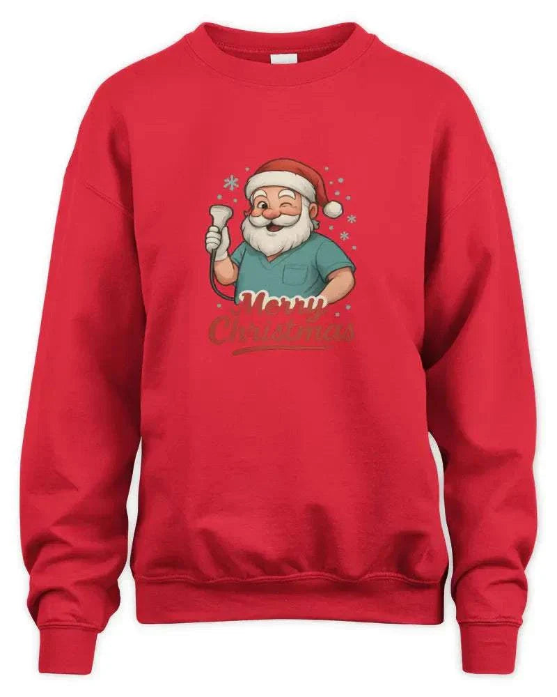 Red unisex sweatshirt with Santa Claus graphic and Merry Christmas text, soft preshrunk fleece knit.