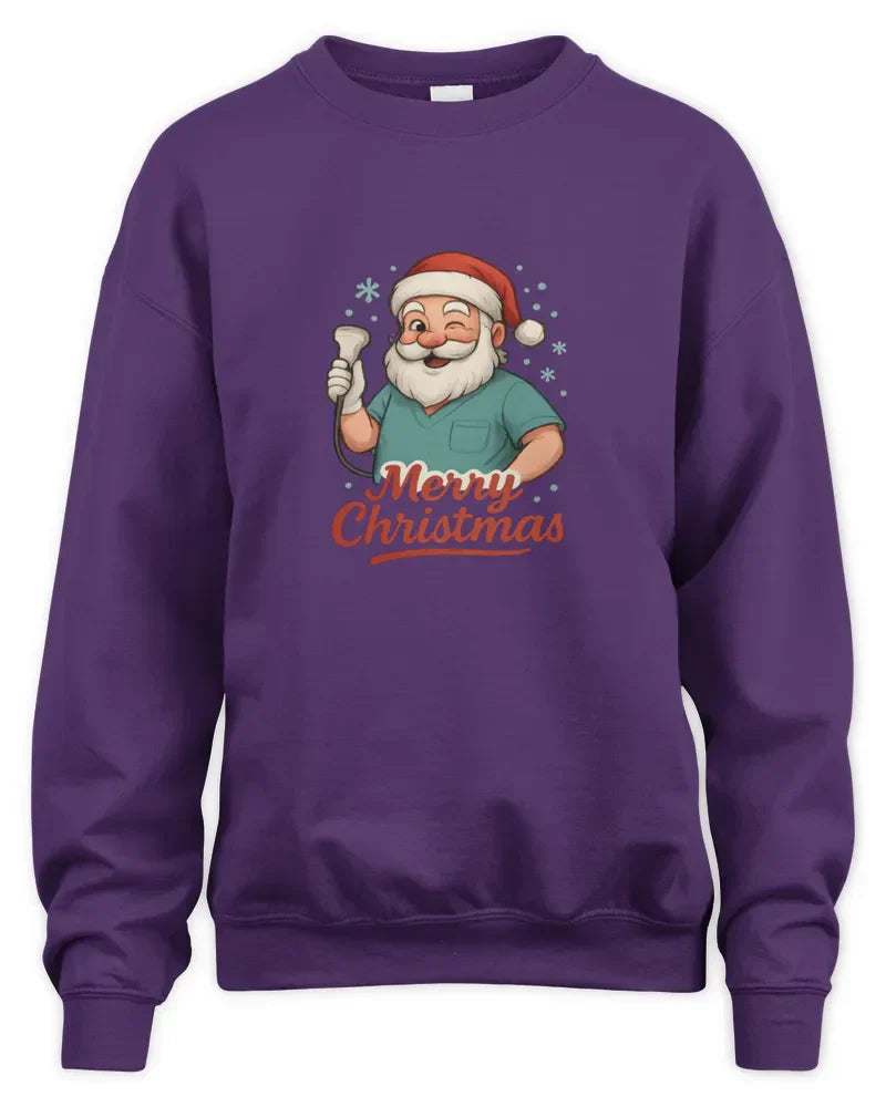 Purple unisex sweatshirt with Merry Christmas Santa graphic and comfortable ribbed cuffs