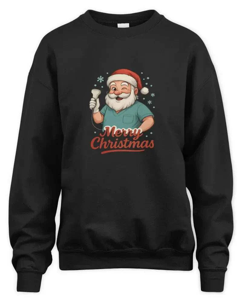 Black unisex sweatshirt with Santa holding a bell and Merry Christmas text printed on front