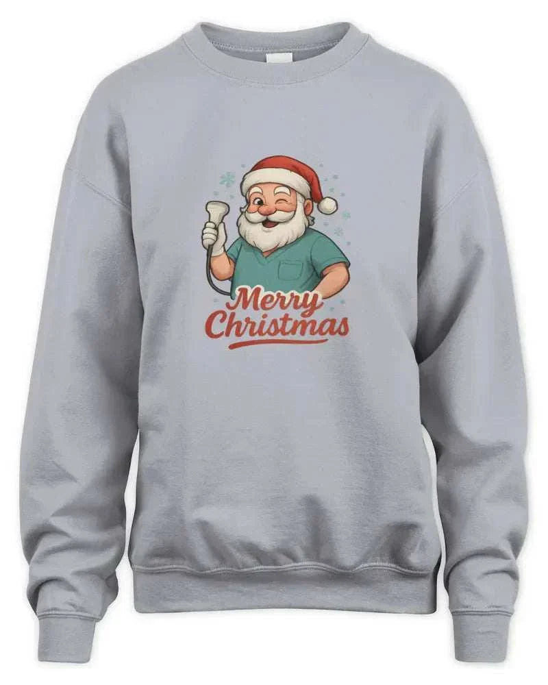 Unisex sweatshirt with Merry Christmas Santa print, preshrunk fleece, soft air jet yarn, and ribbed cuffs and waistband