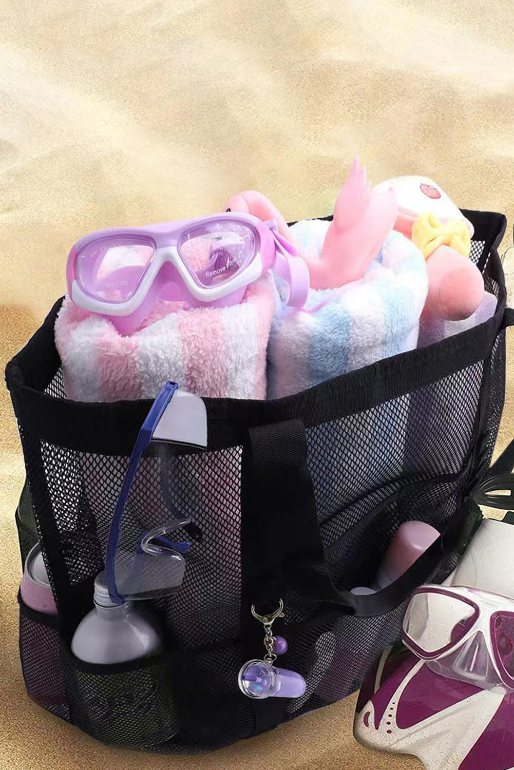 Black large mesh tote bag with multiple pockets and sturdy handles for beach day essentials