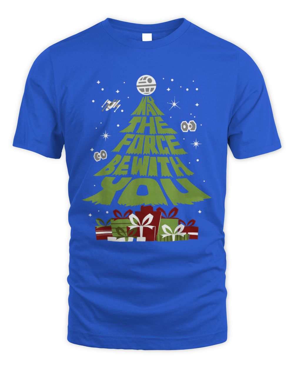 Star Wars May The Force Be With You Christmas tree graphic on blue unisex cotton t-shirt