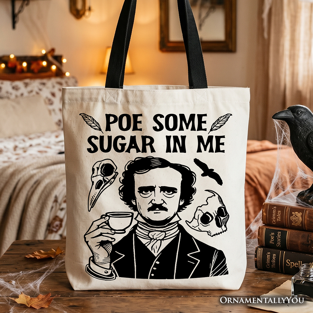 Poe Some Sugar On Me Tote Bag, Funny Edgar Allan Poe Retro Gift Shopper for Dark Academia Enthusiasts