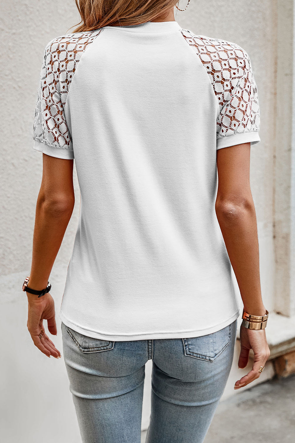 Navy blue tee with seamed detail and contrast lace raglan sleeves