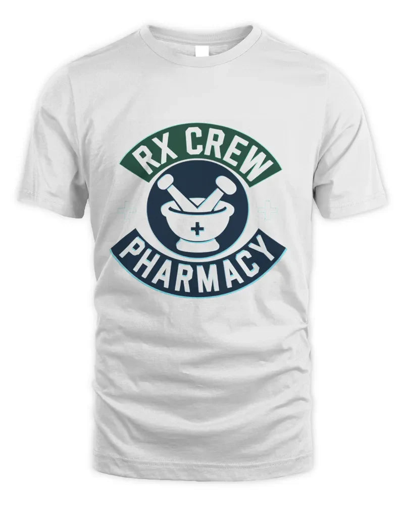 Unisex standard t-shirt in white with RX Crew Pharmacy logo made of 100% cotton with seamless collar and taped shoulders