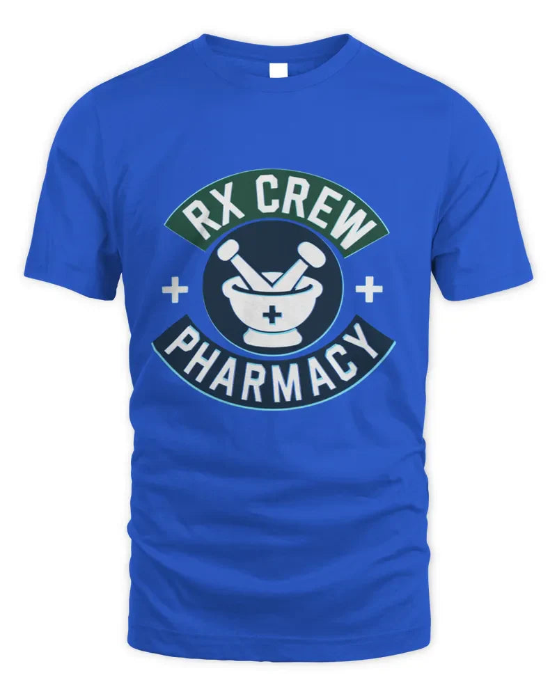 Unisex Standard T-Shirt in blue with RX Crew Pharmacy logo, 100% cotton preshrunk fabric, seamless collar, and twin needle hems