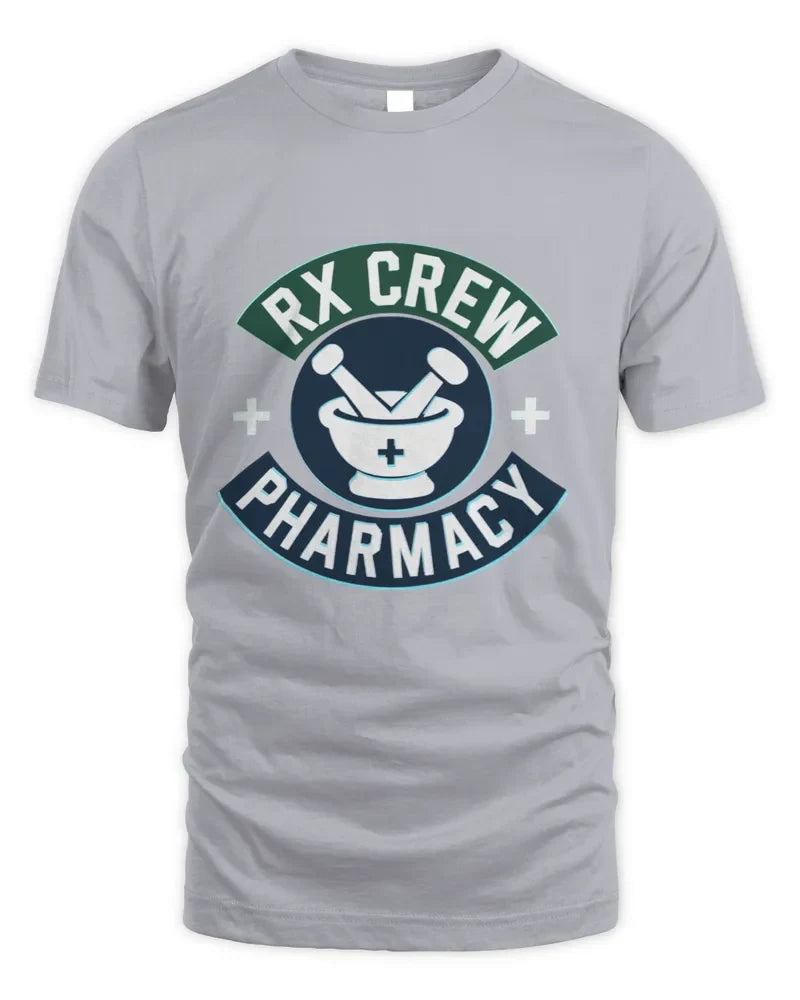 Unisex standard t-shirt with RX Crew Pharmacy logo in gray cotton blend