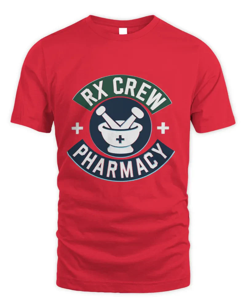 Red unisex standard t-shirt with RX Crew Pharmacy graphic design