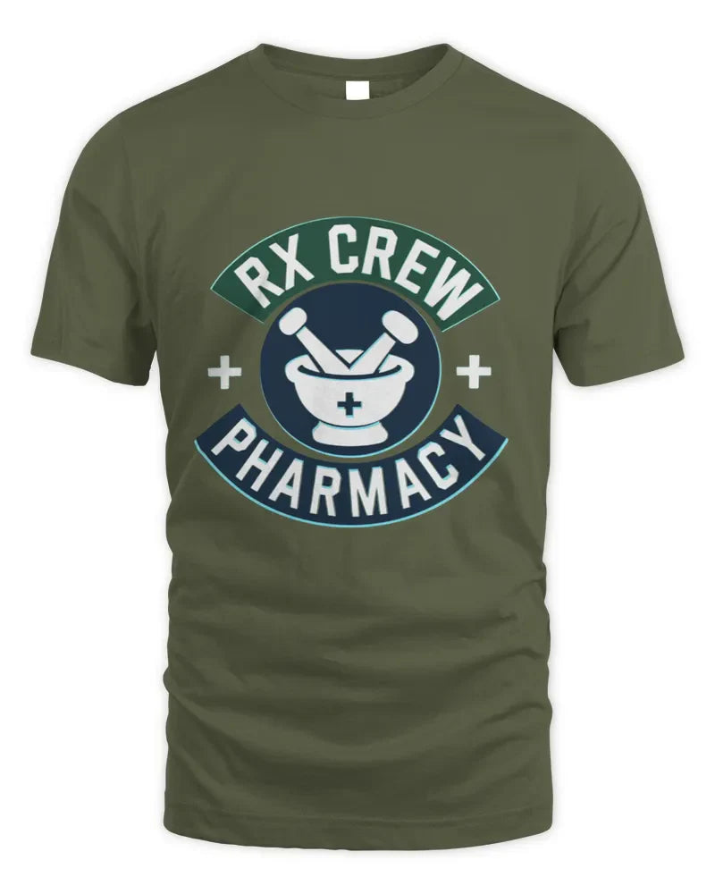 Unisex Standard T-Shirt in olive green with RX Crew Pharmacy logo front print cotton blend fabric