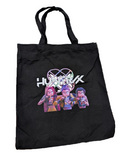 Black canvas tote bag featuring K-POP DEMON HUNTERS Trio mid-ramen break with stylized logo