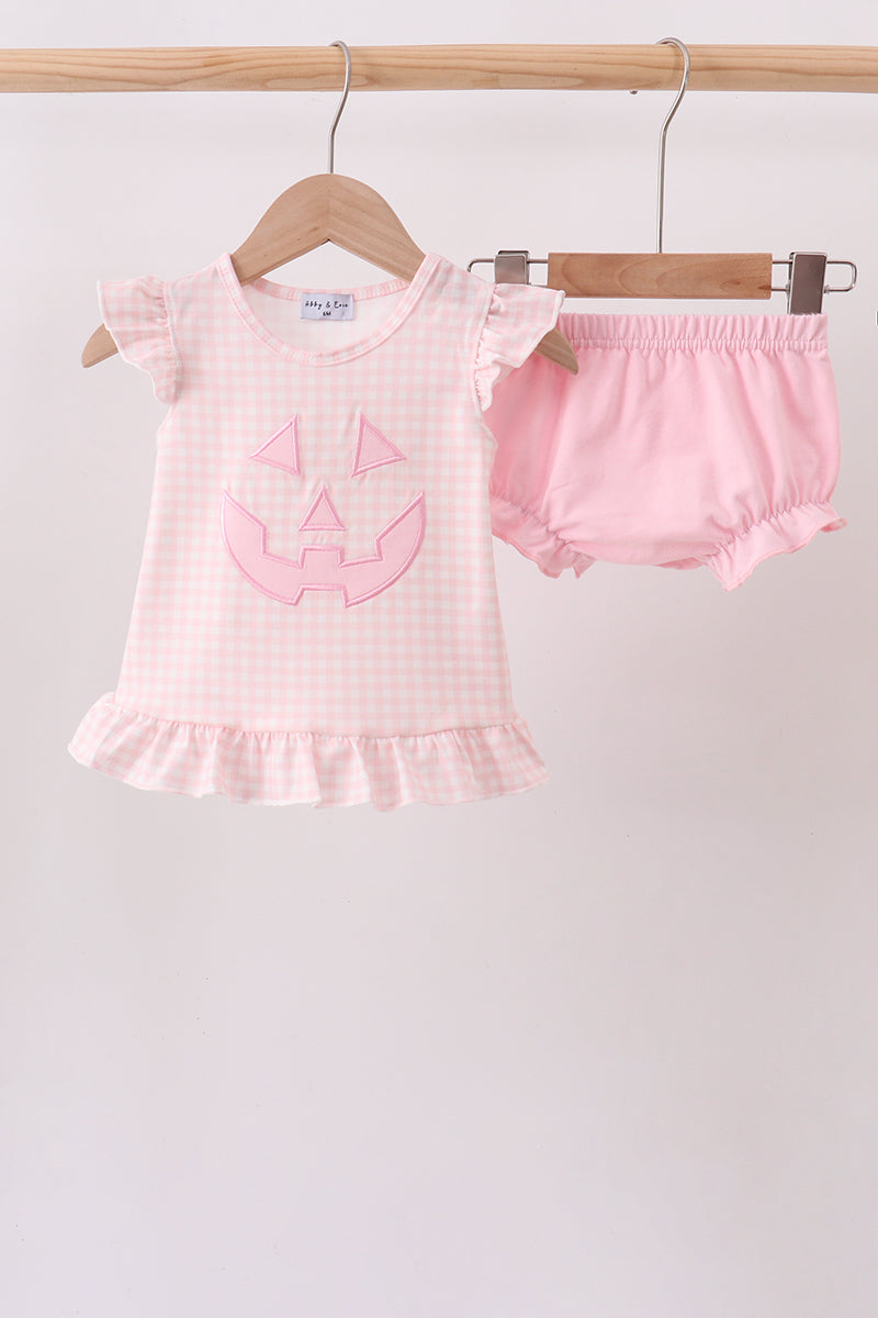 Baby Halloween bloomer set with pink jack-o-lantern applique
