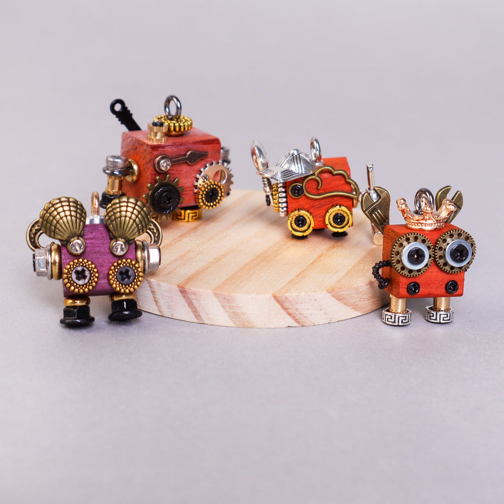 Handcrafted wooden bot necklace keychain and mini decor with unique character and natural wood finish
