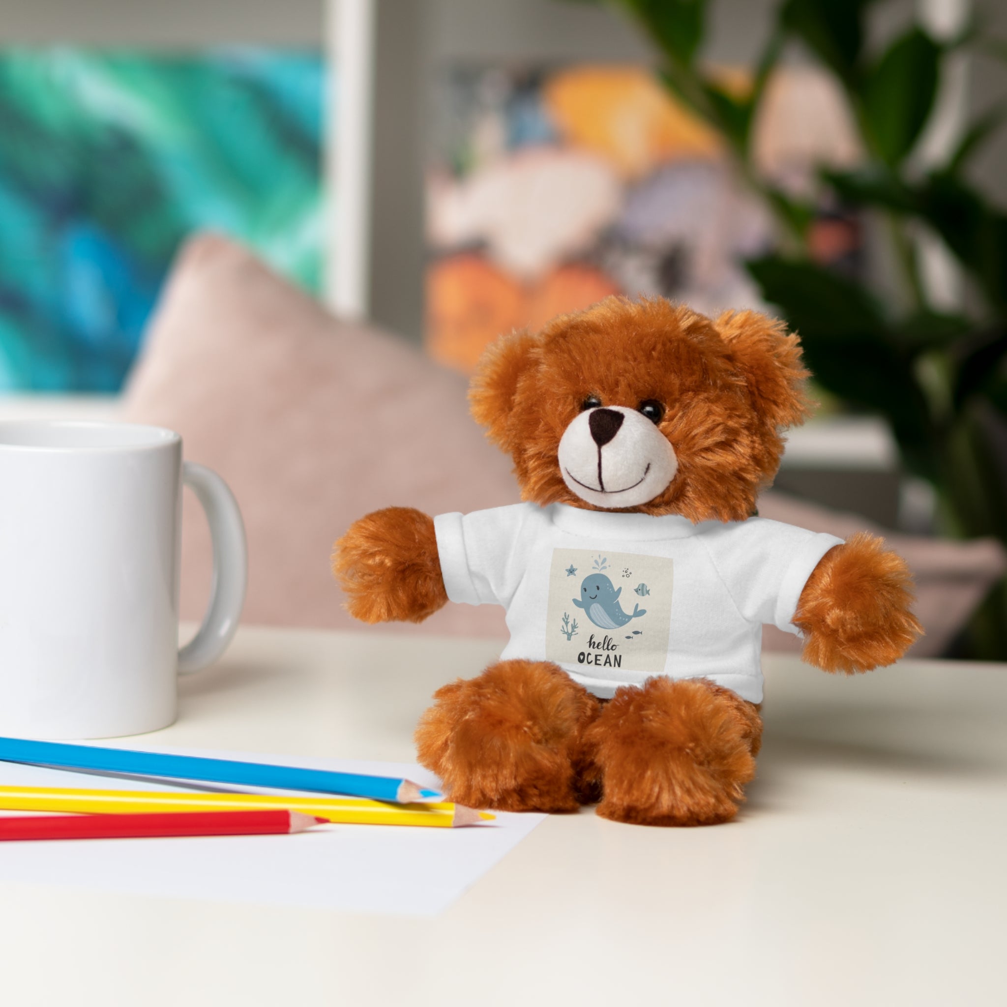 Cuddly Stuffed Bear with Tee - Cute Gift for Kids, Nursery Decor, Birthday Surprise, Ocean Theme, Plush Toy