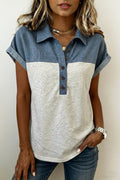 Light grey color block denim patchwork short sleeve polo collar top