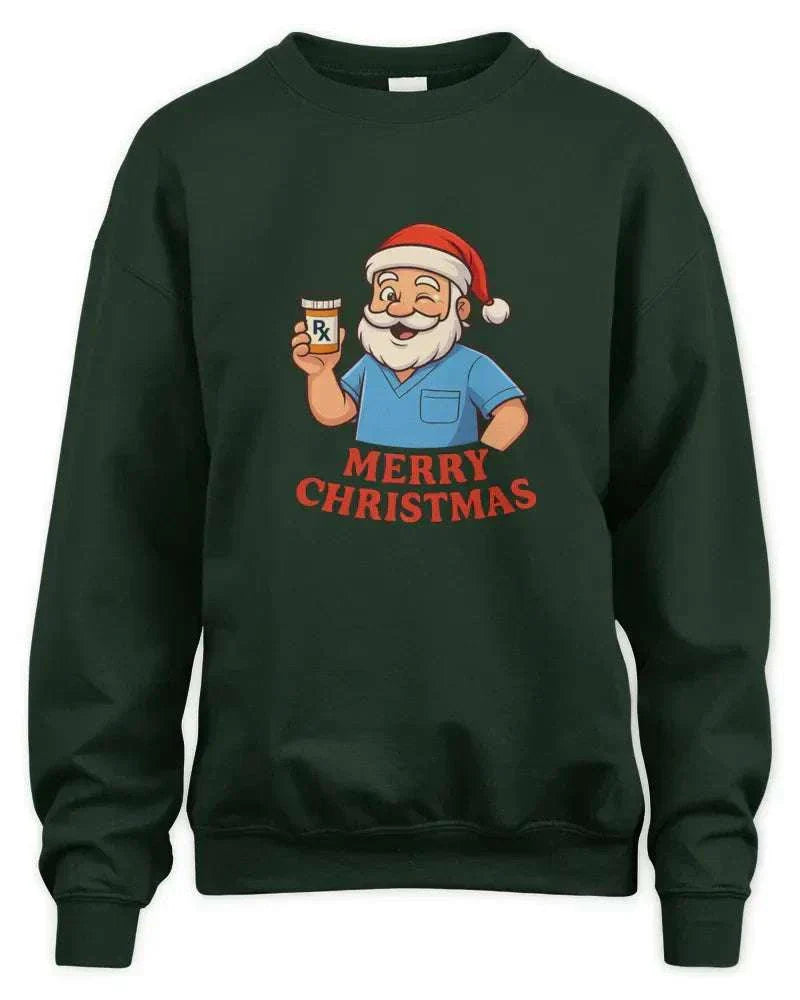 Pharmacy Christmas sweatshirt with Santa holding prescription pill bottle and Merry Christmas text
