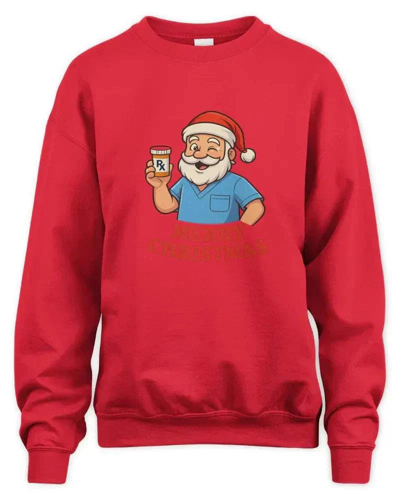 Red Pharmacy Christmas sweatshirt featuring Santa in a pharmacist outfit holding a prescription bottle