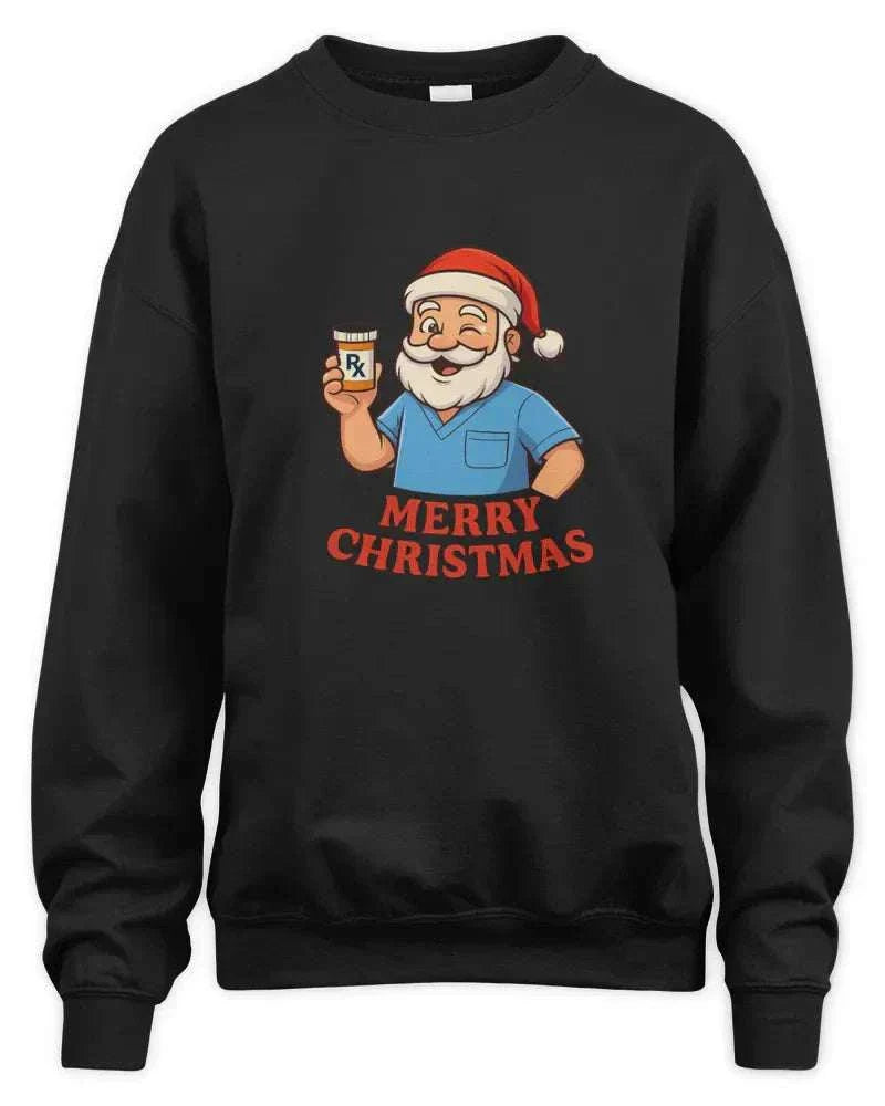 Black Pharmacy Christmas sweatshirt with Santa holding prescription bottle and Merry Christmas text