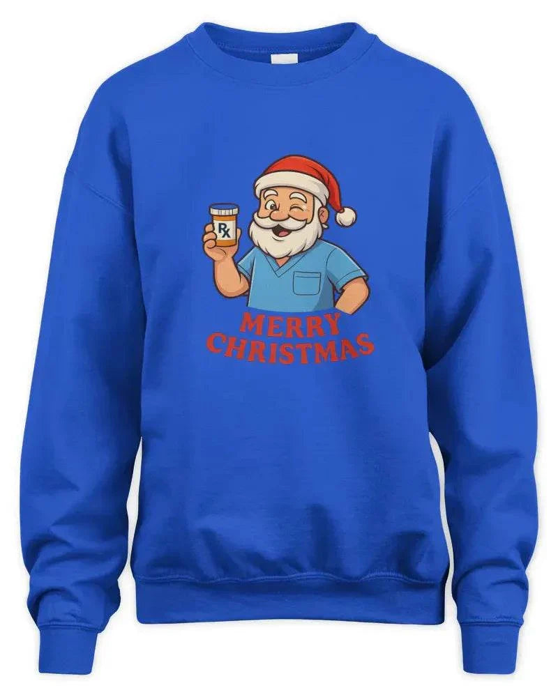 blue Pharmacy Christmas sweatshirt with Santa holding prescription bottle and Merry Christmas text