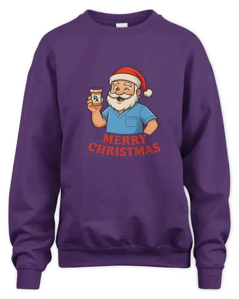 Pharmacy Christmas purple sweatshirt with Santa in scrubs holding prescription bottle and Merry Christmas text