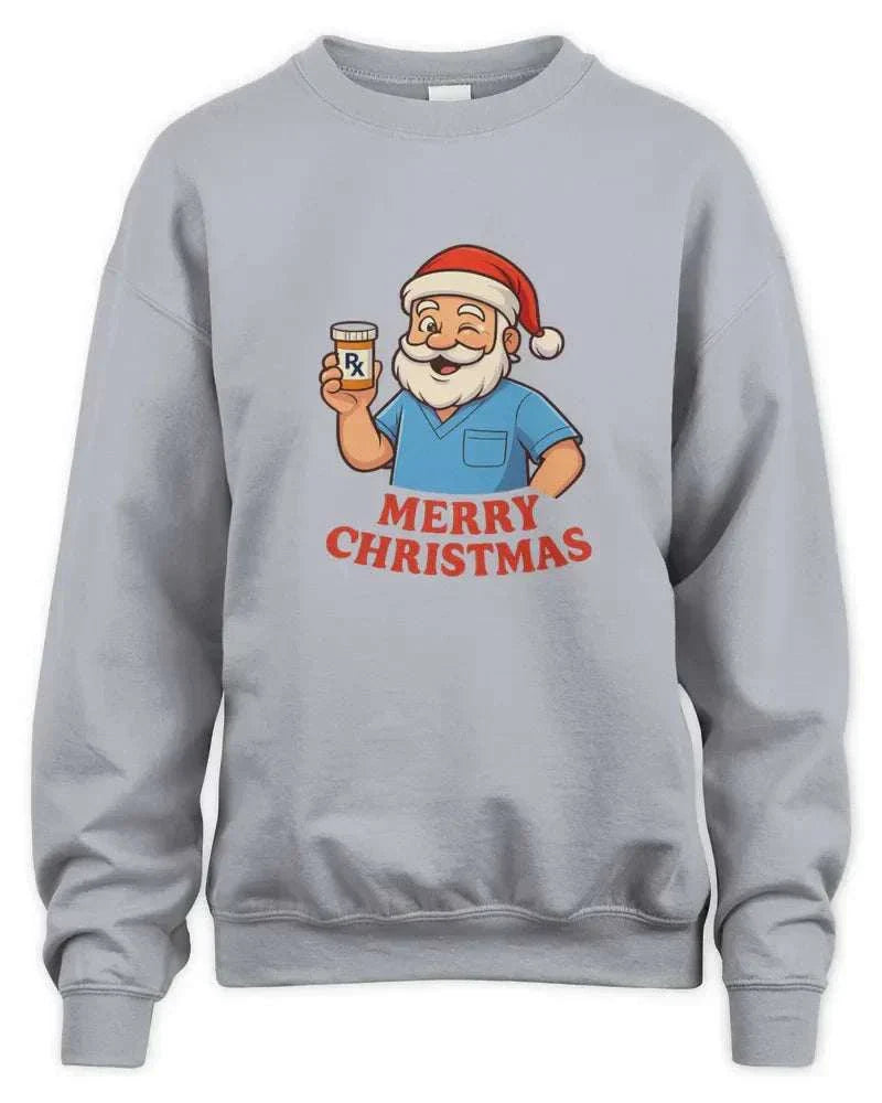Gray Pharmacy Christmas sweatshirt with Santa holding a prescription bottle and Merry Christmas text