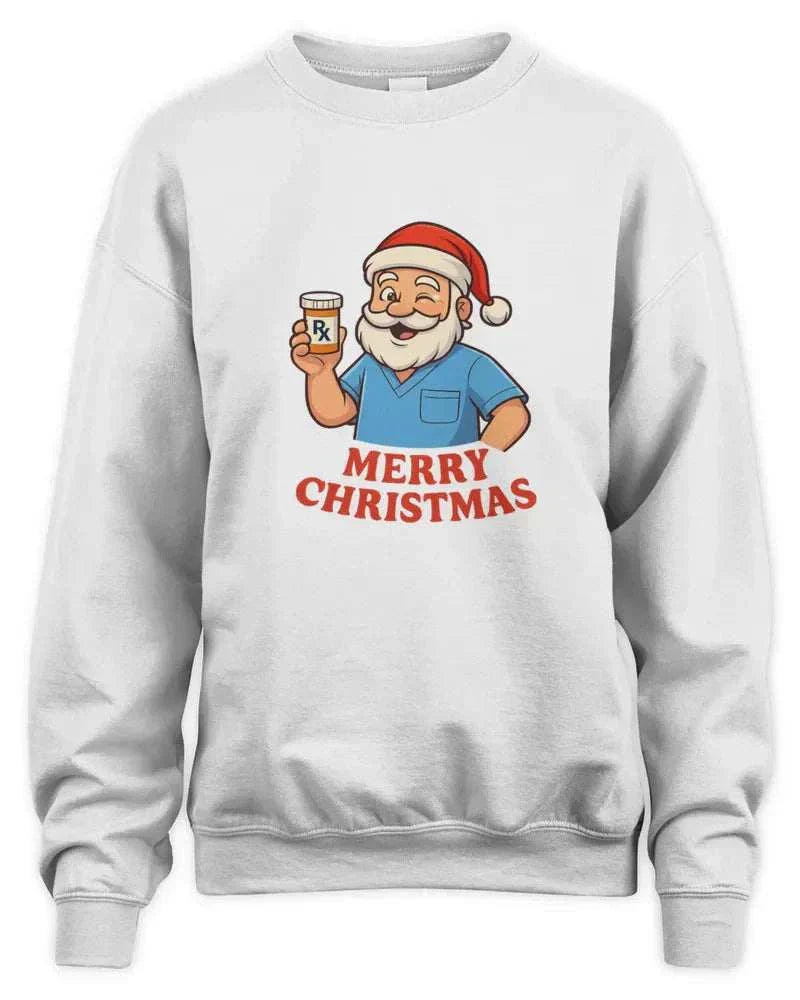 White Pharmacy Christmas sweatshirt with Santa holding a prescription bottle and Merry Christmas text