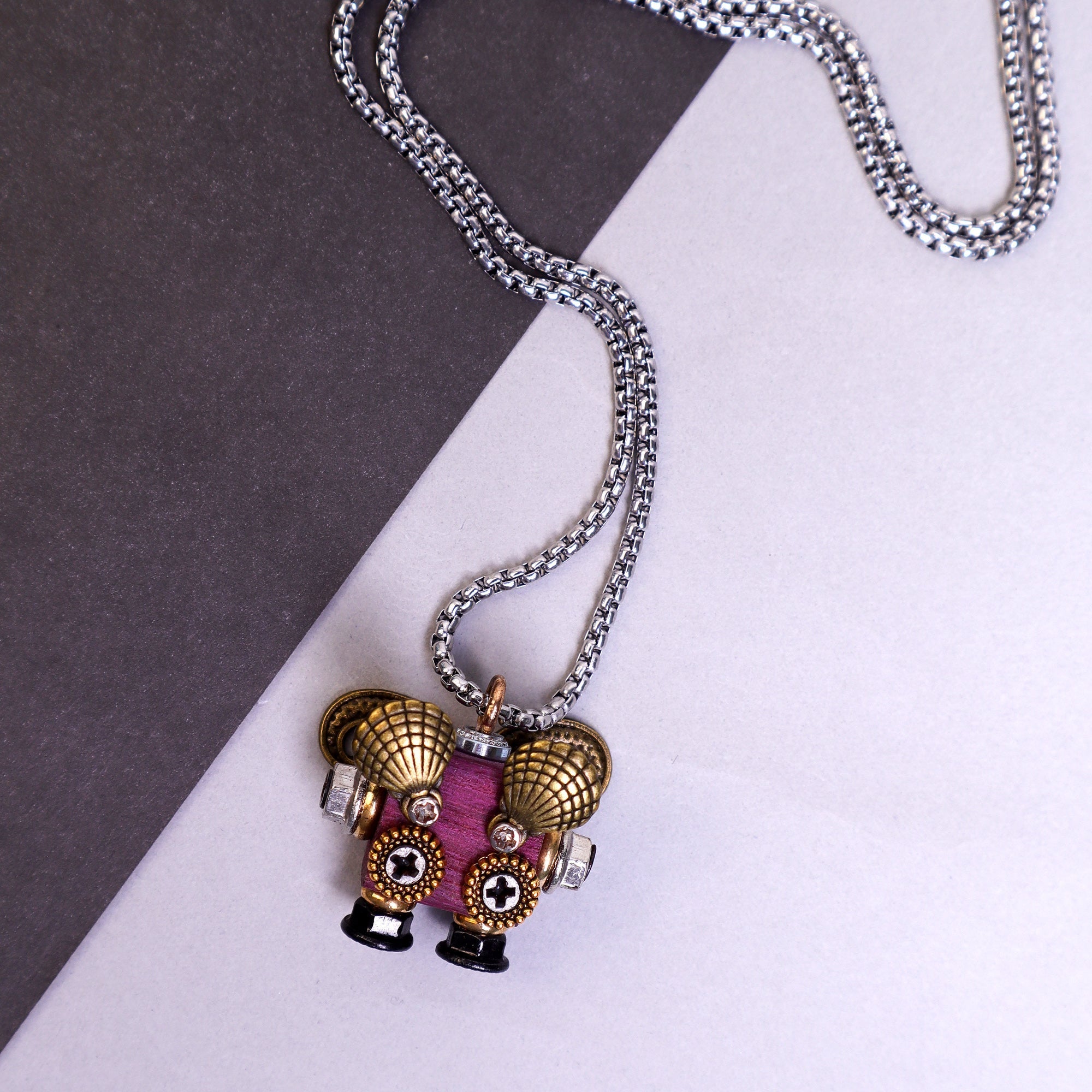 Handcrafted wooden bot necklace keychain and mini decor with unique wooden robot designs