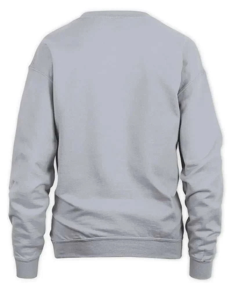 back view of plain gray unisex sweatshirt with ribbed cuffs and waistband
