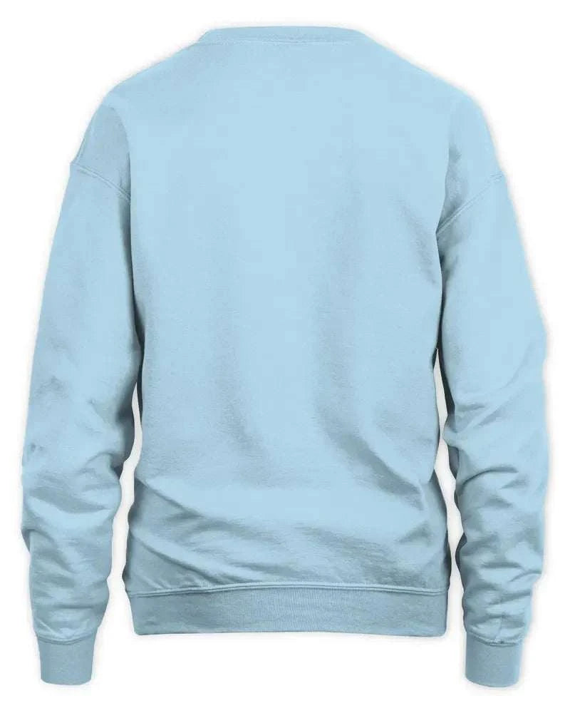 Back view of light blue Merry Grinchmess preshrunk fleece sweatshirt with ribbed cuffs and waistband