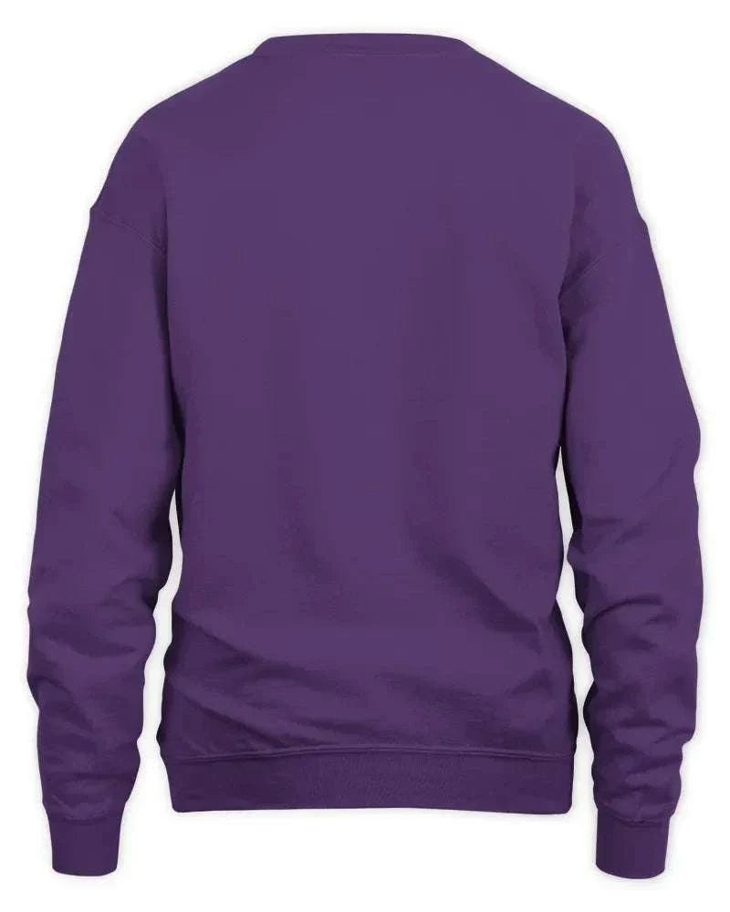 Back view of purple unisex sweatshirt with ribbed cuffs and waistband