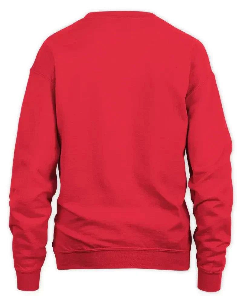 Red Pharmacy Christmas sweatshirt with ribbed cuffs and waistband, preshrunk fleece knit, and double-needle stitching.