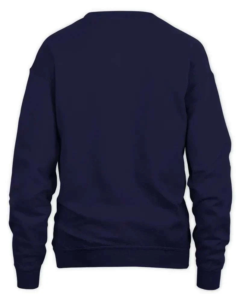Navy blue unisex sweatshirt with 1x1 rib, preshrunk fleece knit, and double-needle stitching
