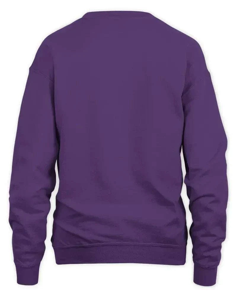 Back view of purple Pharmacy Christmas sweatshirt with preshrunk fleece knit and double-needle stitching