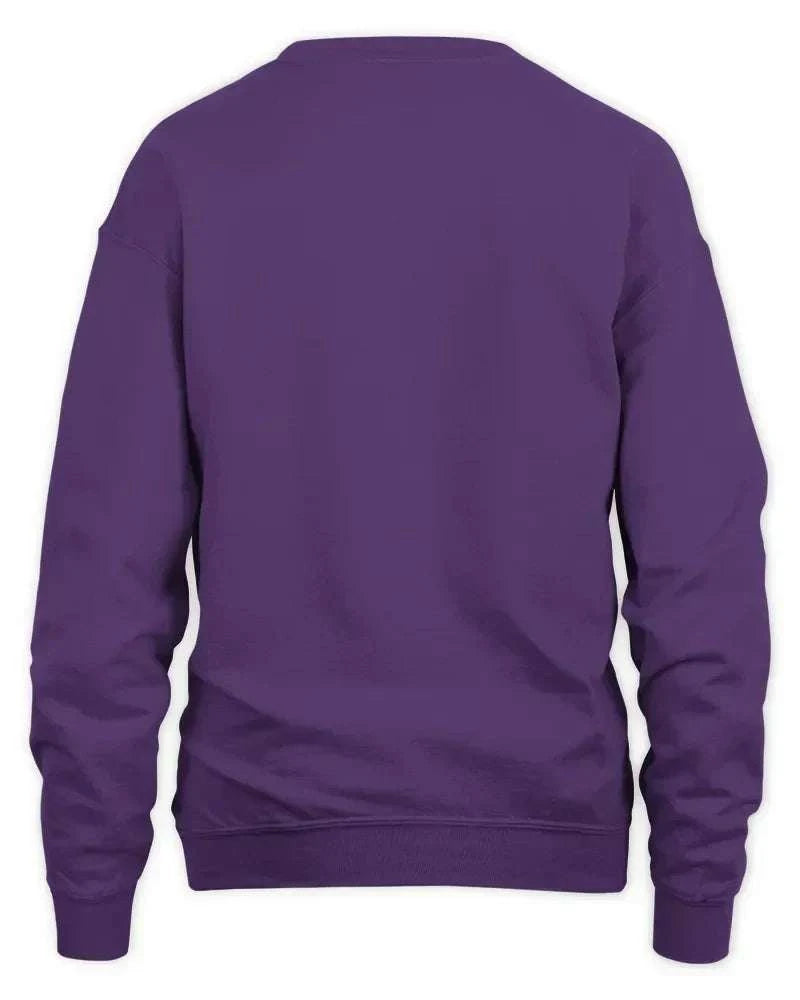 Back view of purple unisex sweatshirt with 1x1 ribbed cuffs and waistband, made with preshrunk fleece knit and double-needle stitching
