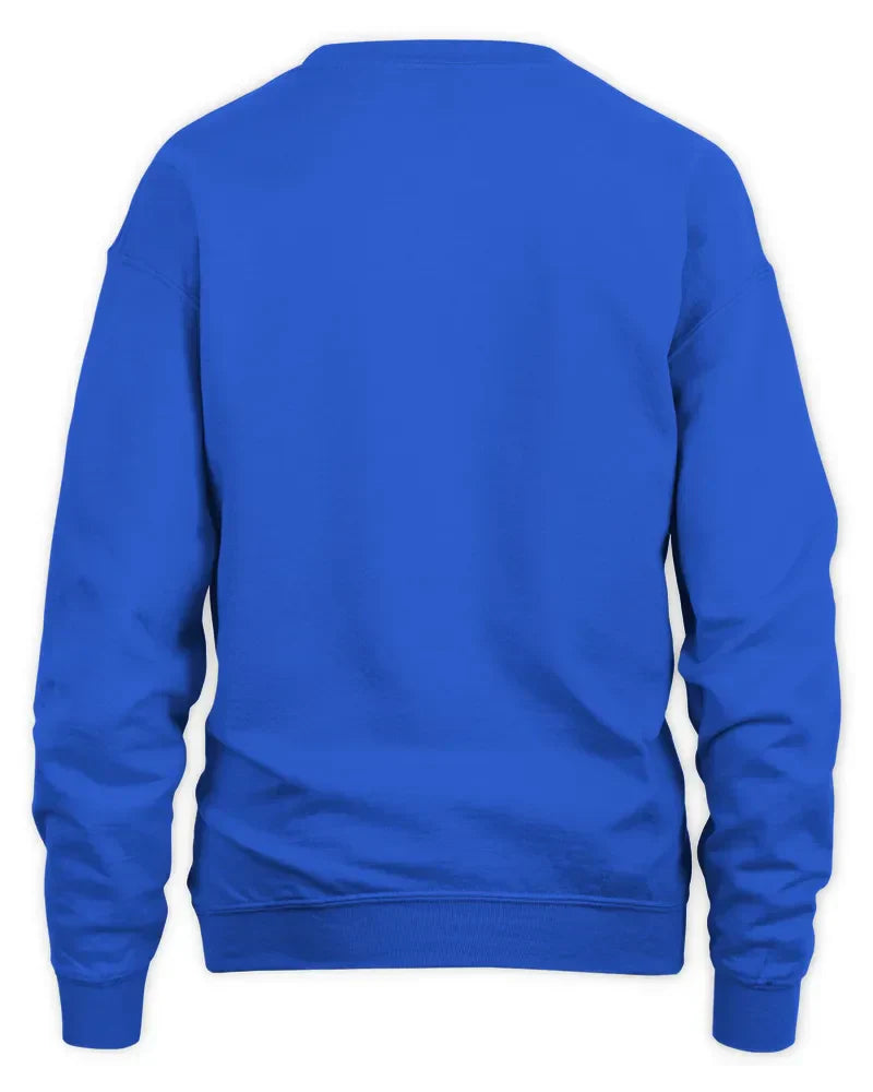 Back view of a blue unisex sweatshirt with ribbed cuffs and waistband, made of preshrunk fleece knit with double-needle stitching