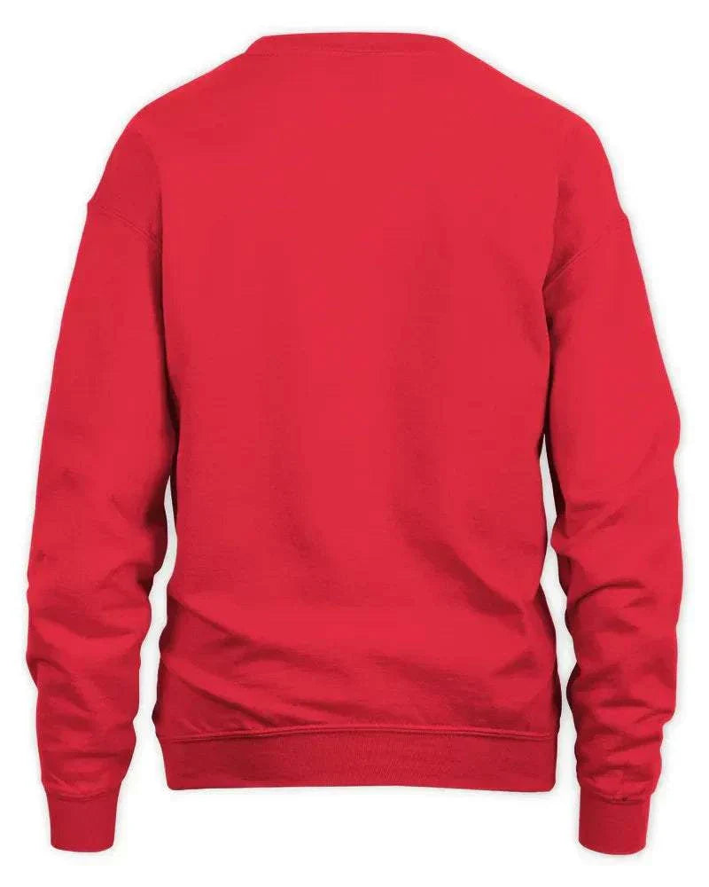 Back view of red unisex sweatshirt with ribbed cuffs and waistband, preshrunk fleece knit and double-needle stitching