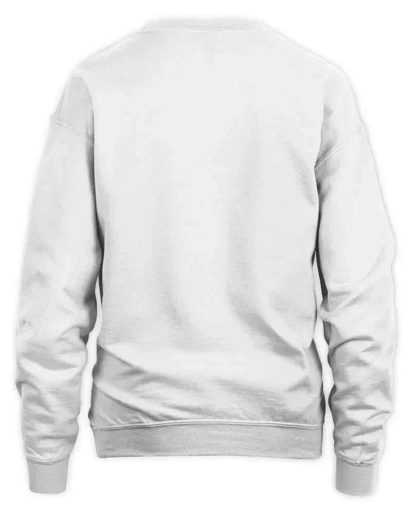 Back view of plain white unisex sweatshirt with ribbed cuffs and waistband