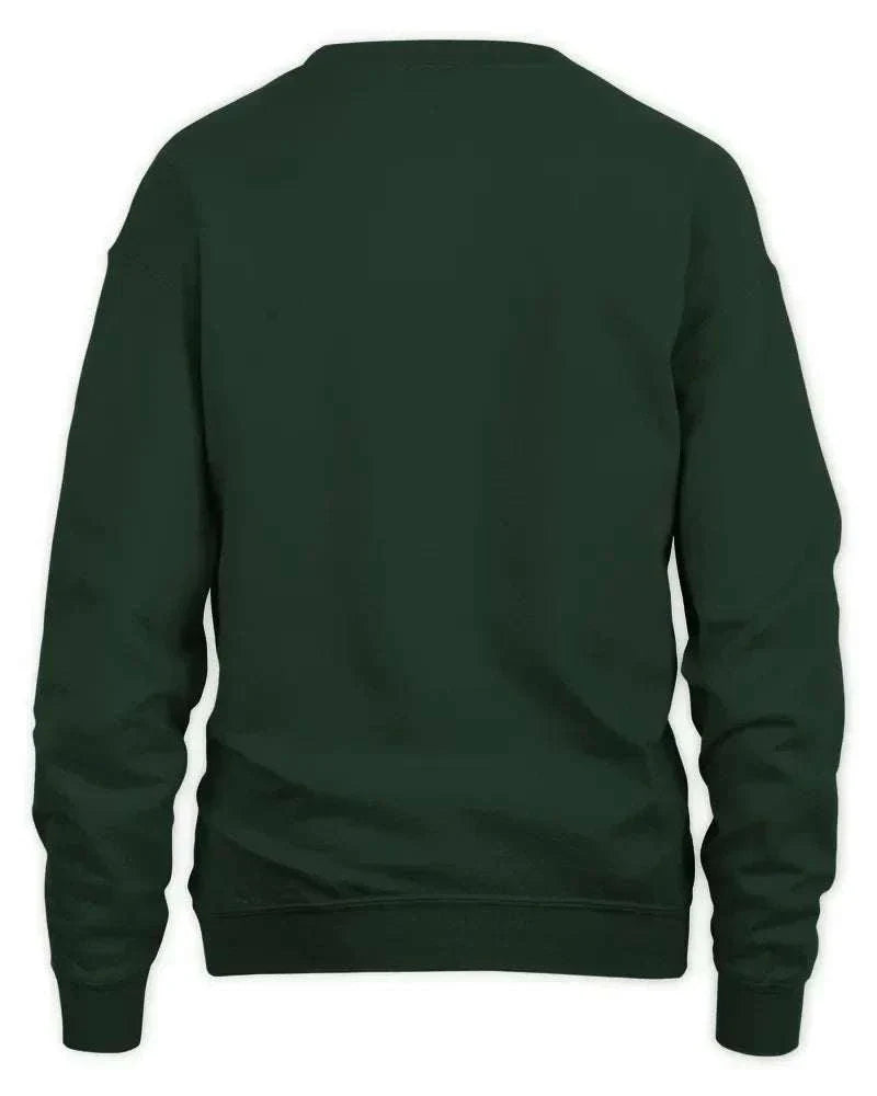 Back view of dark green Pharmacy Christmas sweatshirt made with preshrunk fleece knit and double-needle stitching